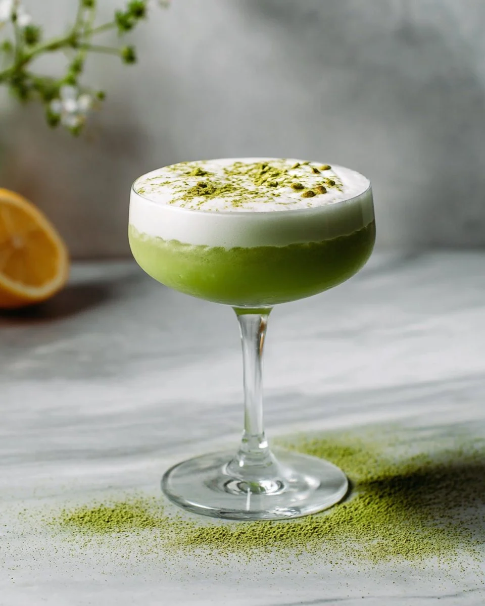 Matcha Gin Sour cocktail showcasing vibrant green color and garnished with lemon