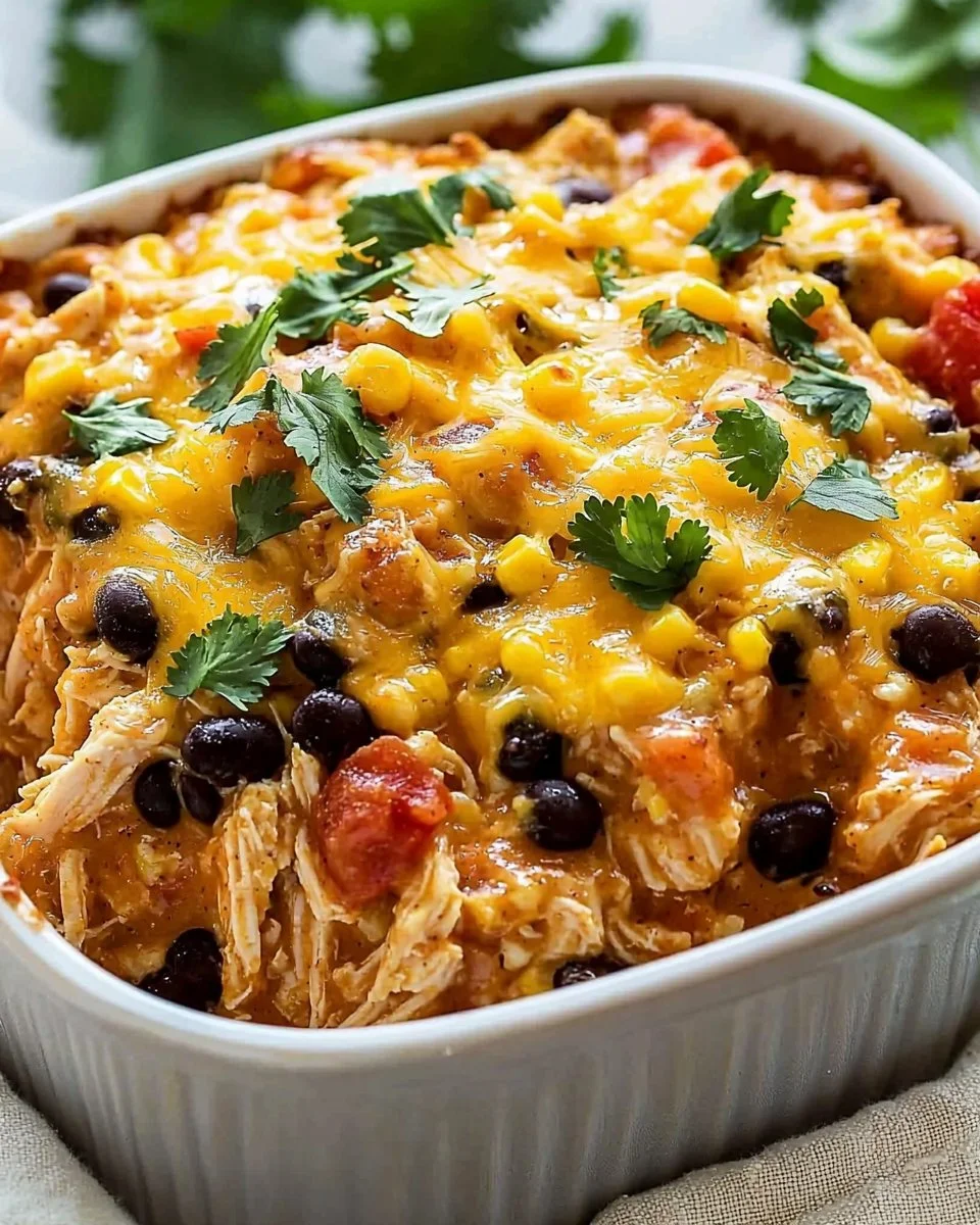 Delicious Mexican Chicken Casserole topped with cheese and herbs