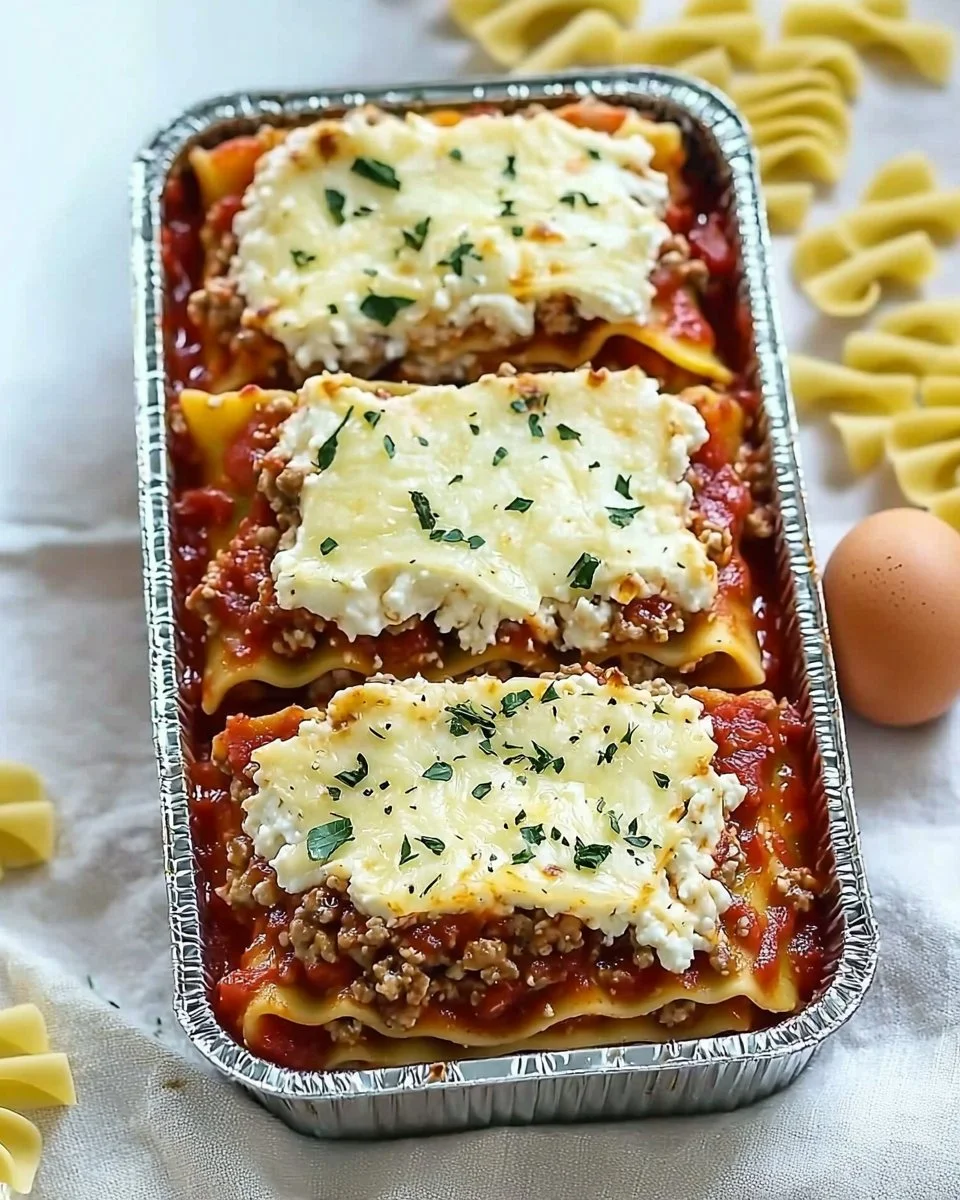 Mini Freezer Healthy Lasagna topped with fresh basil and mozzarella cheese