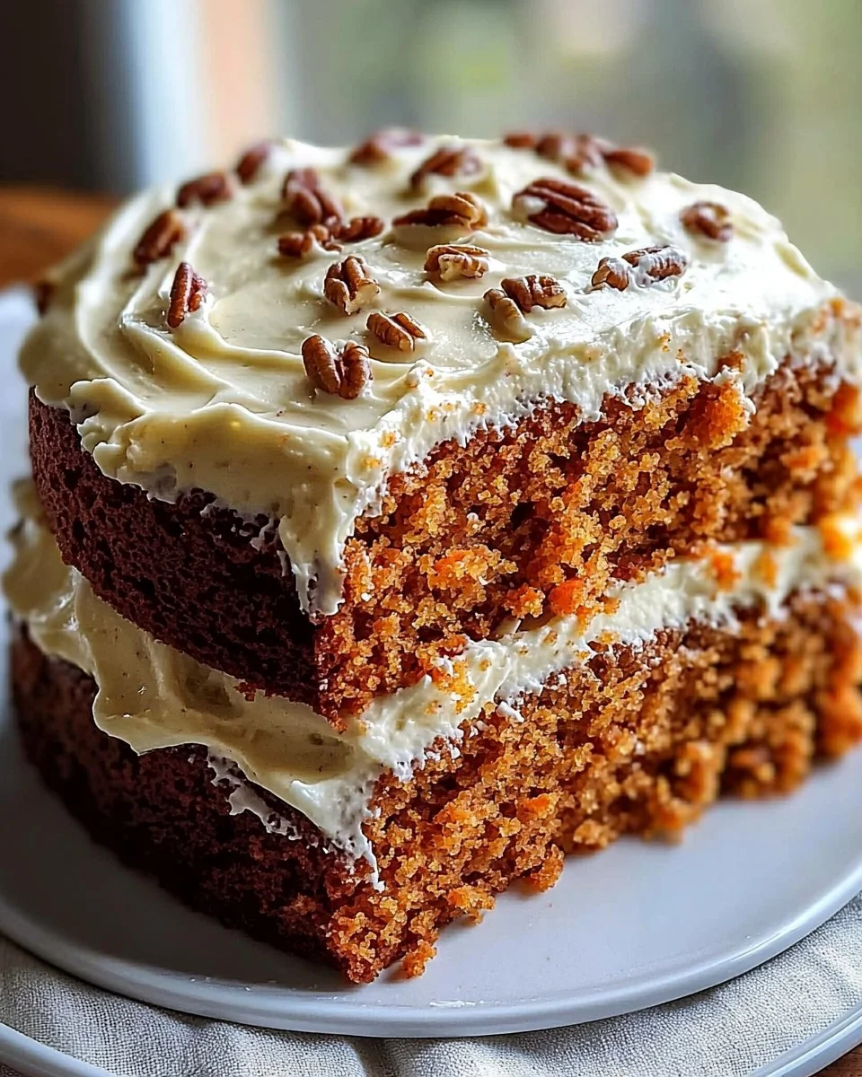 Moist homemade carrot cake with cream cheese frosting on a plate
