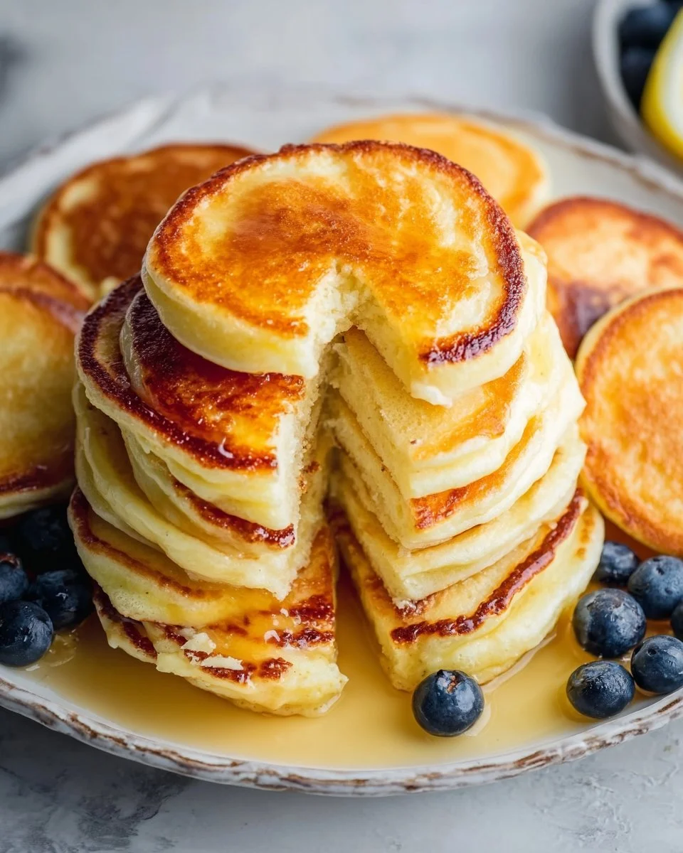 Fluffy lemon ricotta pancakes served with fresh berries and syrup