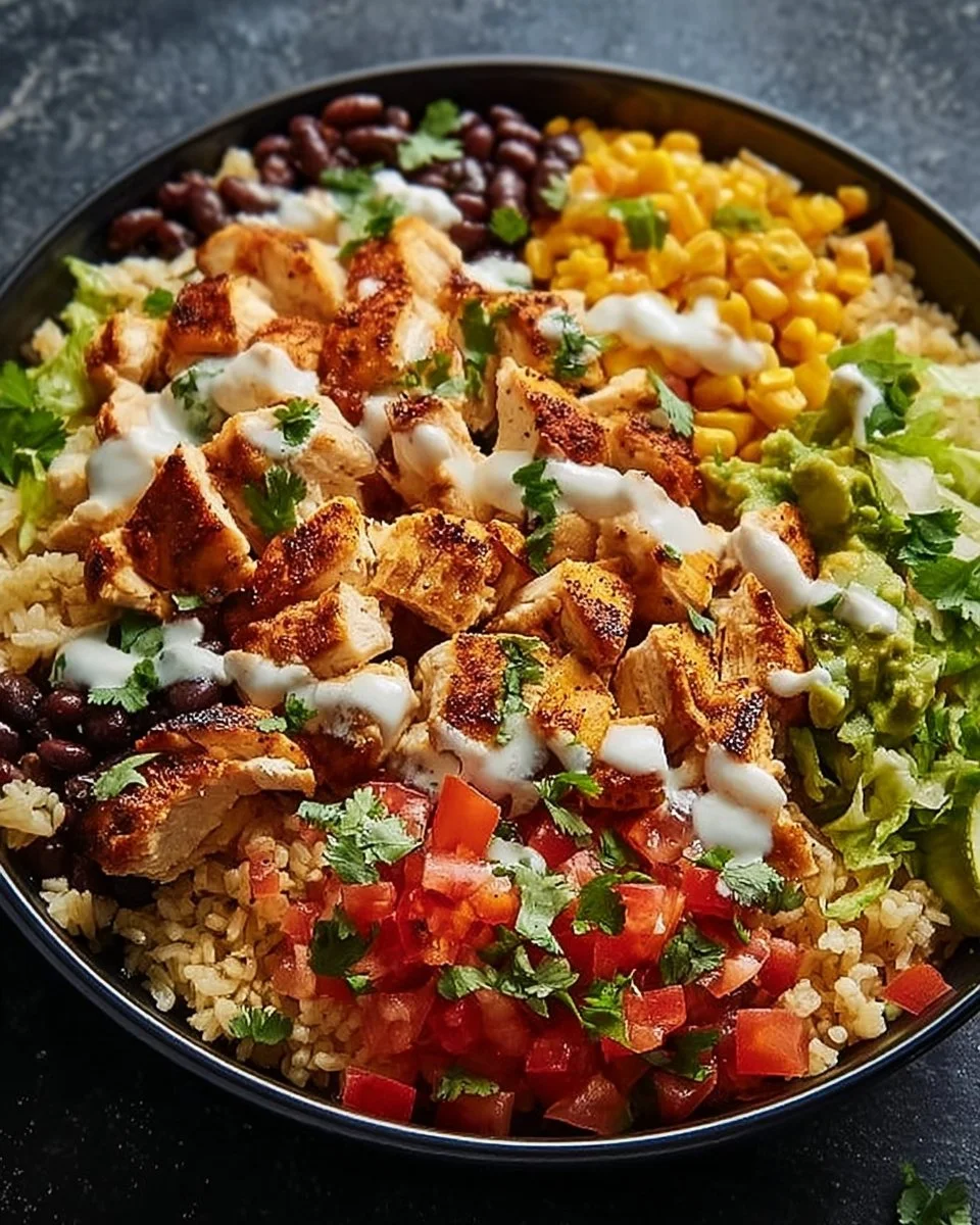 One-Pan Chicken Burrito Bowl with rice, chicken, vegetables, and toppings