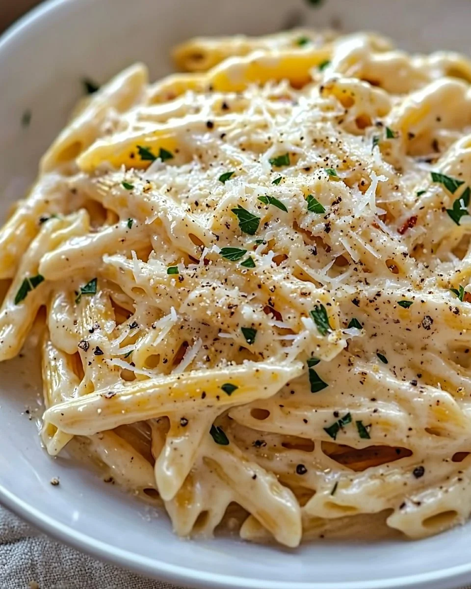 One Pot Creamy Garlic Pasta in a bowl with garlic and herbs