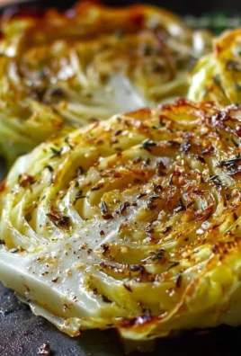 Oven roasted garlic cabbage steaks on a wooden plate garnished with herbs