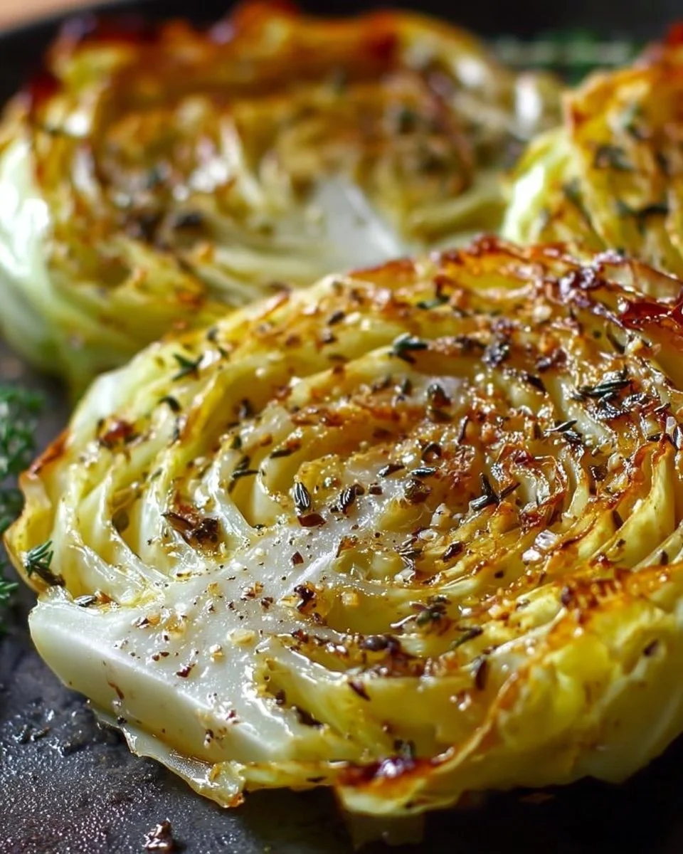 Oven roasted garlic cabbage steaks on a wooden plate garnished with herbs
