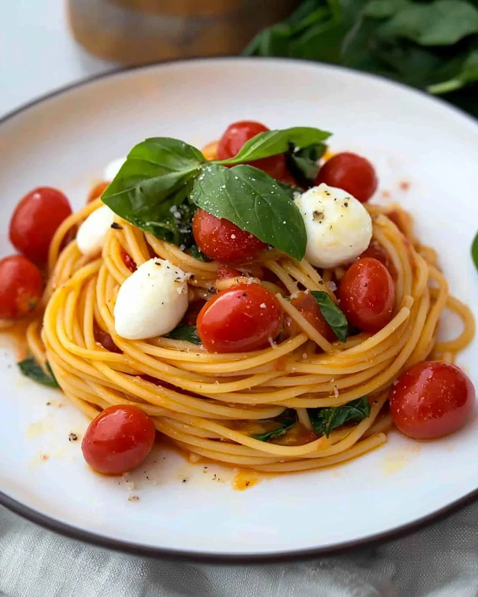Delicious plate of pasta with tomato sauce and fresh basil