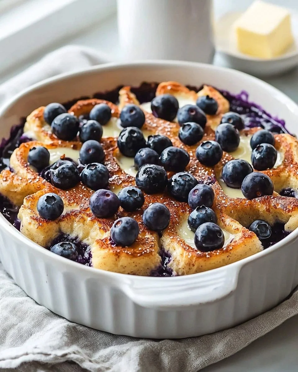 Delicious Blueberry French Toast Casserole topped with fresh blueberries and syrup.
