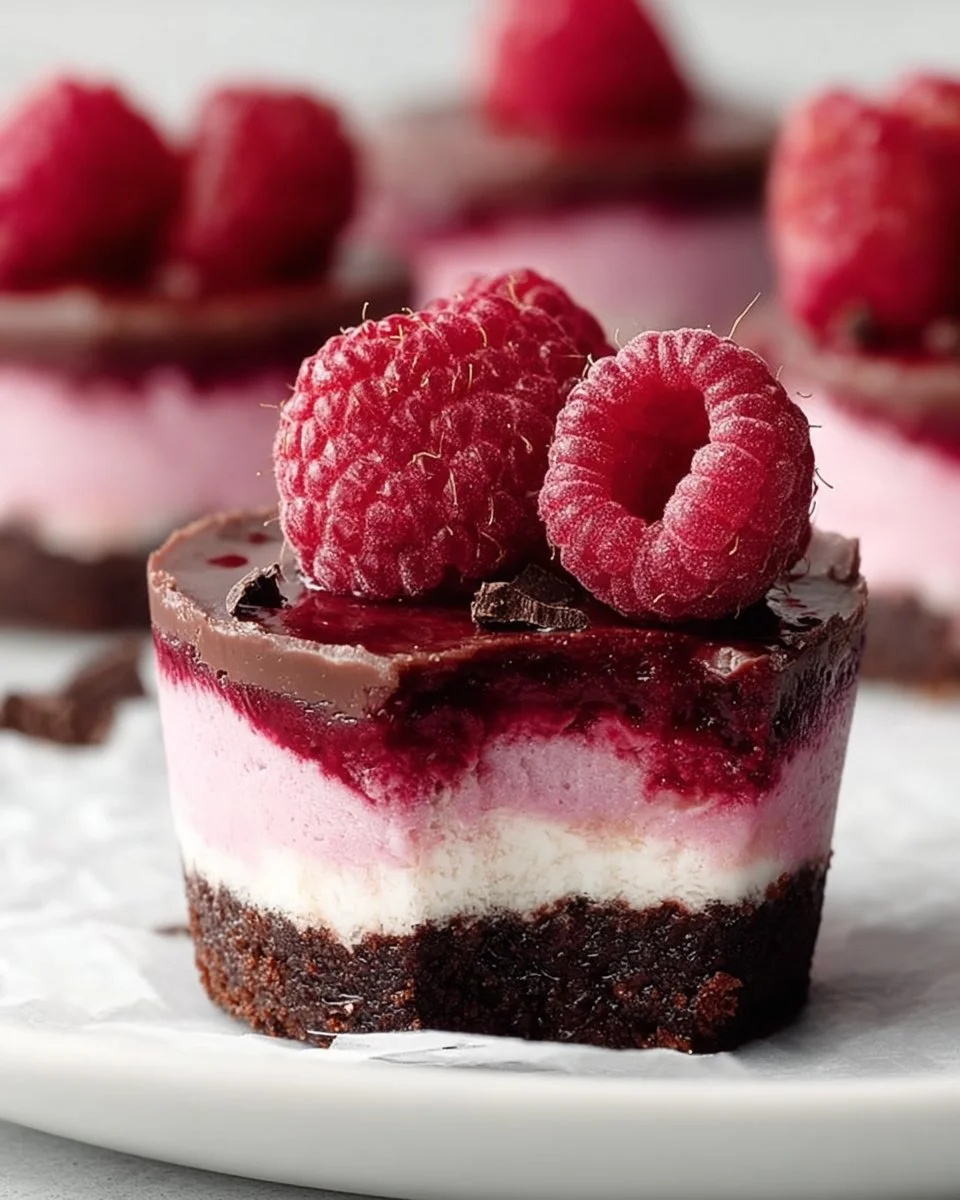 Raspberry Cheesecake Bites featuring a chocolate crust, a delicious dessert treat.