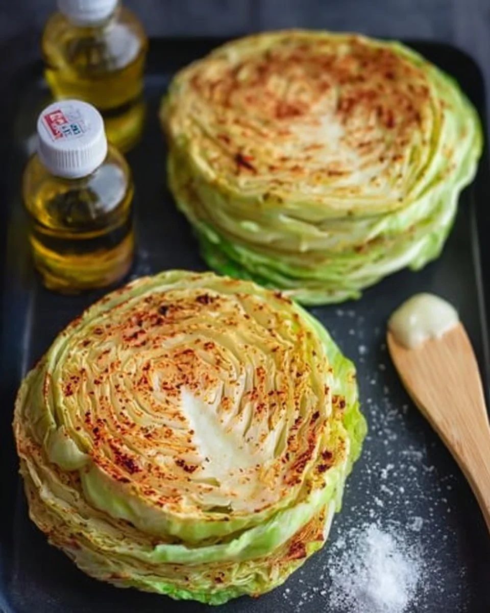 Roasted cabbage steaks served on a plate with toppings