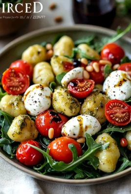 Roasted gnocchi salad with basil pesto, tomatoes, mozzarella, and arugula