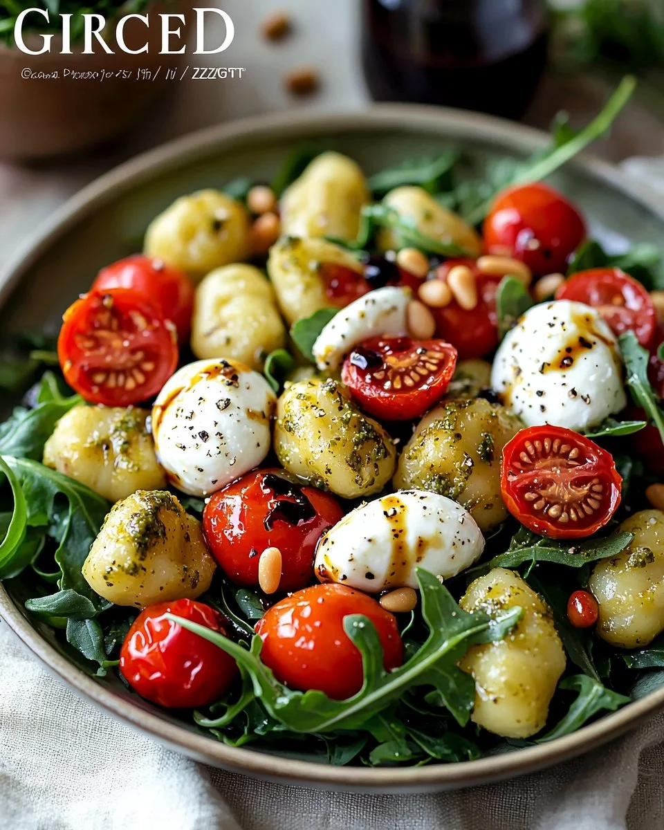 Roasted gnocchi salad with basil pesto, tomatoes, mozzarella, and arugula