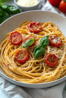Plate of roasted tomato pasta with garlic ricotta and fresh herbs