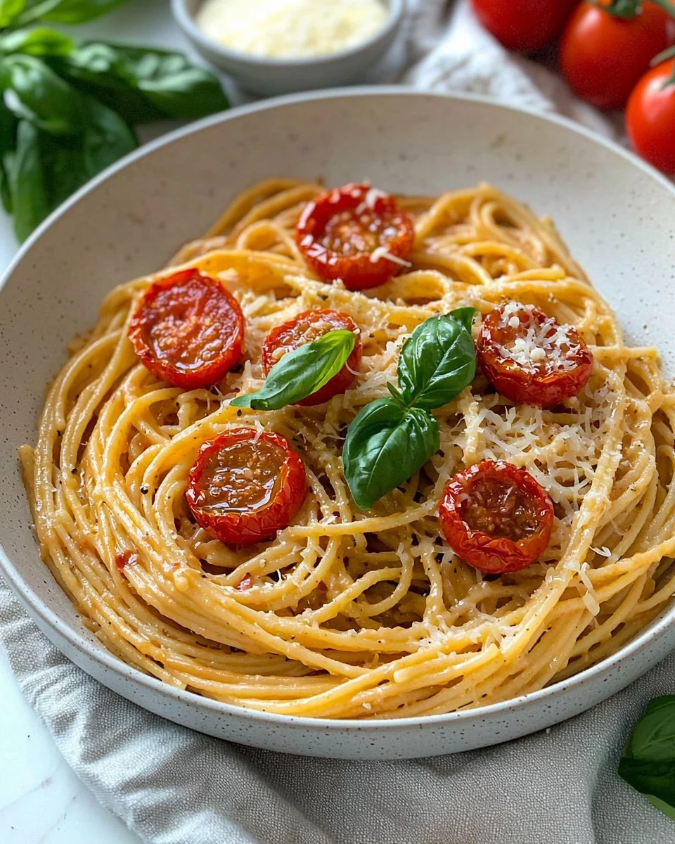 Plate of roasted tomato pasta with garlic ricotta and fresh herbs