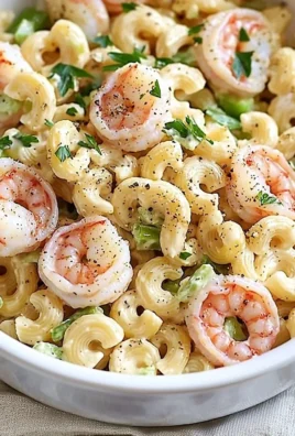 Colorful shrimp pasta salad with vegetables and dressing in a bowl.