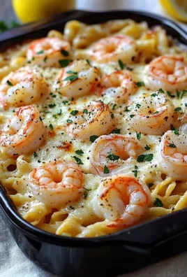 Shrimp Scampi Pasta Bake with shrimp, garlic, and herbs in a baking dish