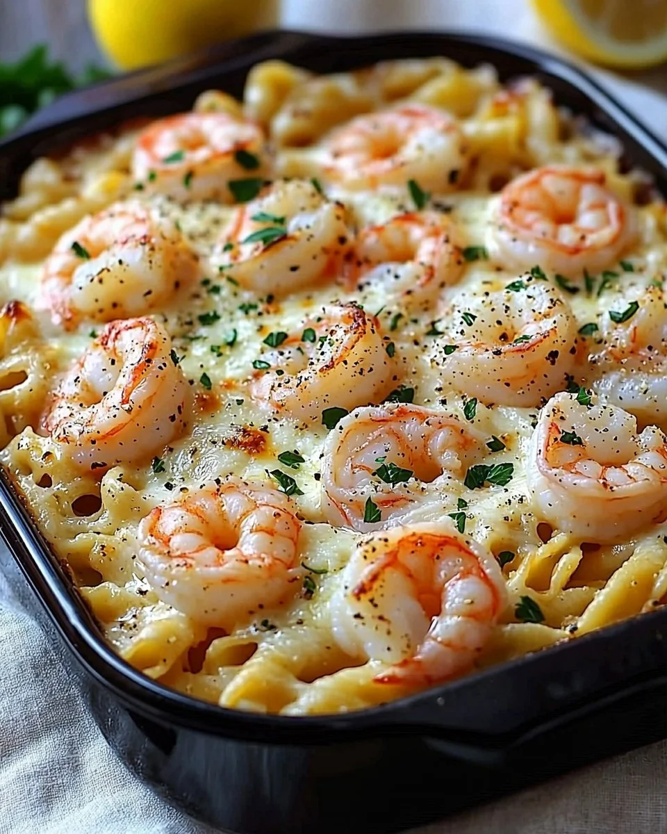 Shrimp Scampi Pasta Bake with shrimp, garlic, and herbs in a baking dish