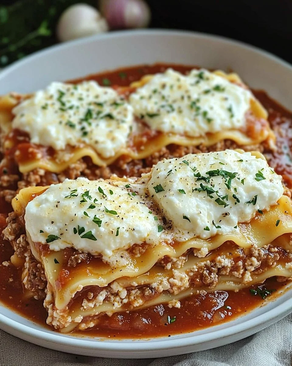 Delicious slow cooker lasagna layered with cheese and sauce in a slow cooker.