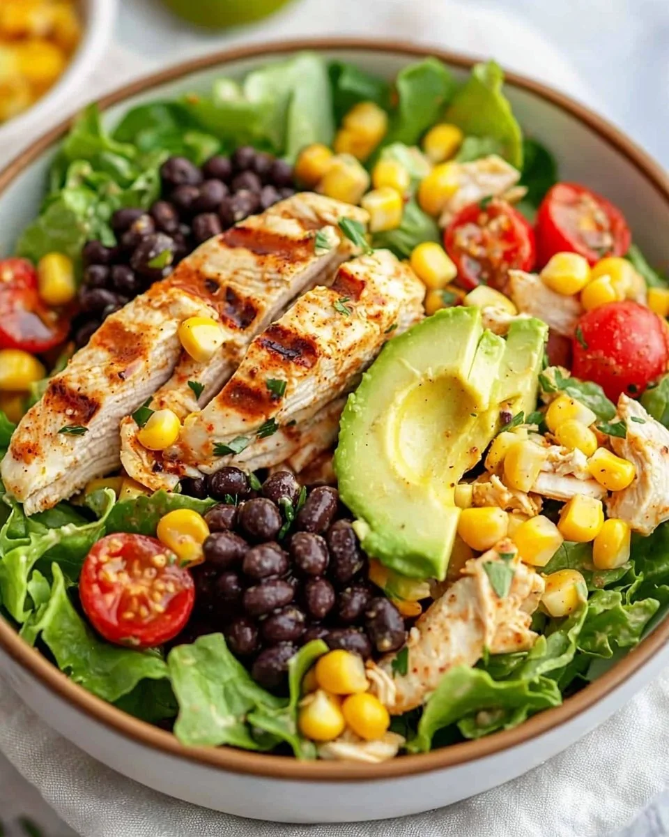 Colorful Southwest Chicken Salad with grilled chicken, fresh veggies, and dressing