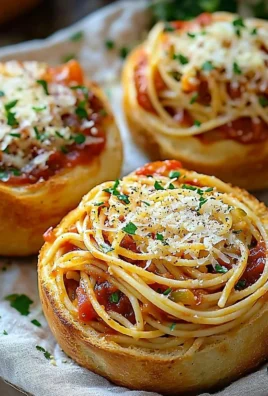 Delicious spaghetti garlic bread bowls served with fresh herbs and cheese.