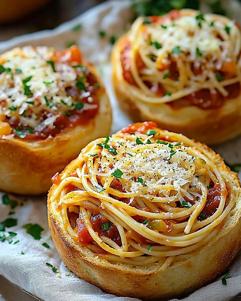 Delicious spaghetti garlic bread bowls served with fresh herbs and cheese.