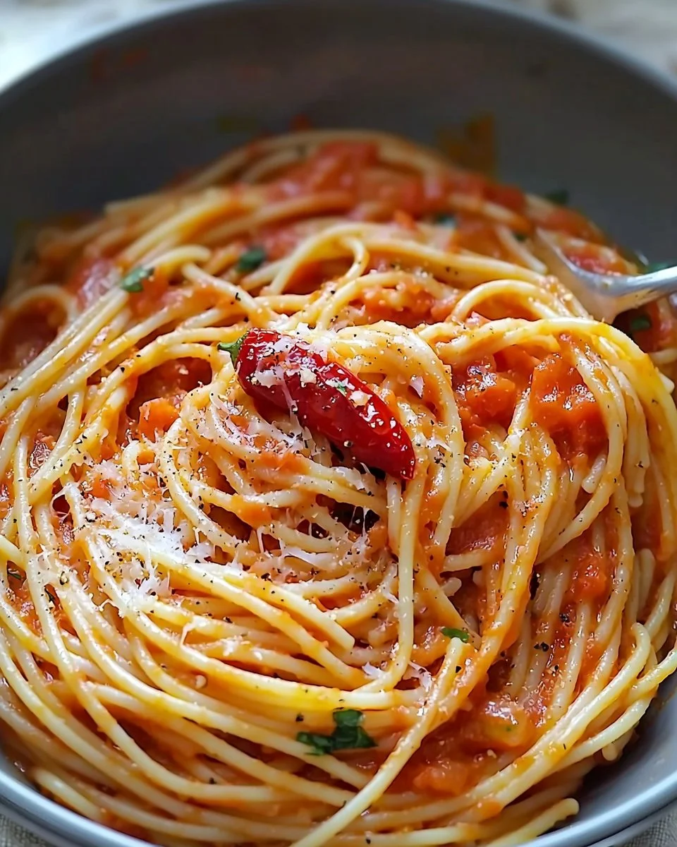 Plate of spaghetti with spicy tomato and pepper sauce garnished with herbs