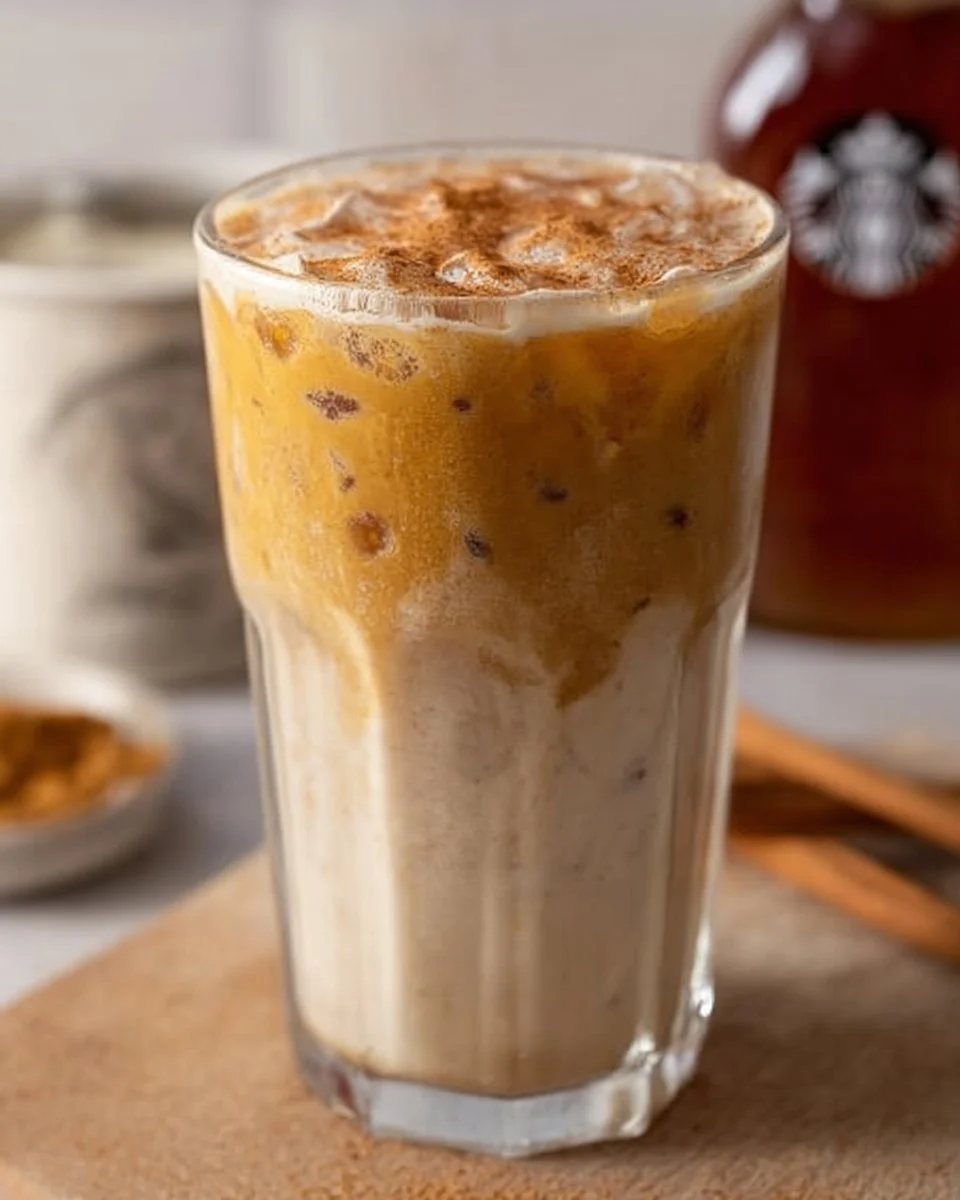 Starbucks Iced Pumpkin Cream Chai Latte topped with pumpkin spice and cream