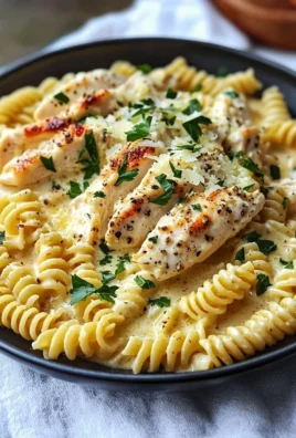 Plate of creamy garlic parmesan chicken pasta with herbs and grated parmesan cheese