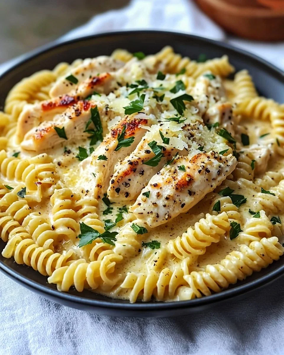 Plate of creamy garlic parmesan chicken pasta with herbs and grated parmesan cheese
