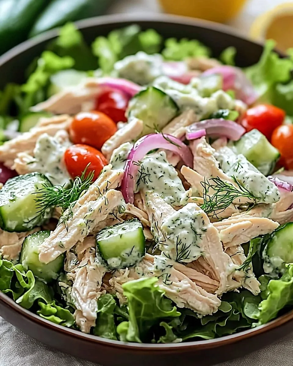 Bowl of Tzatziki Chicken Salad with fresh vegetables and creamy dressing.