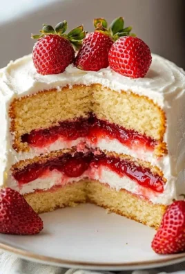 Vanilla cake layered with strawberry filling garnished with fresh strawberries