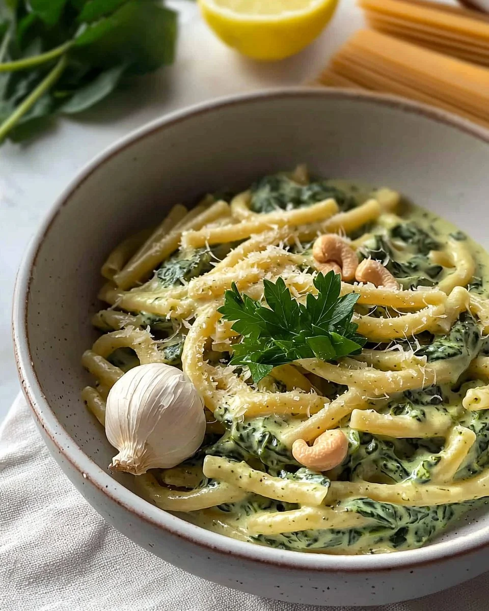 Delicious vegan creamy spinach pasta with garlic and cashews served in a bowl