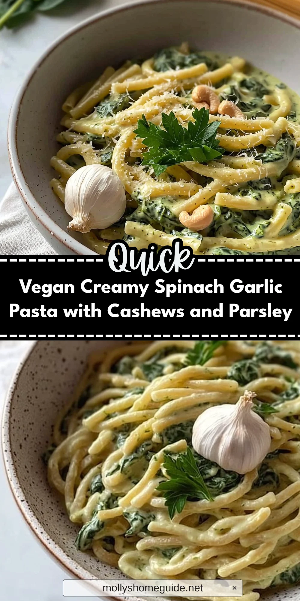 Vegan Creamy Spinach Garlic Pasta with Cashews and Parsley