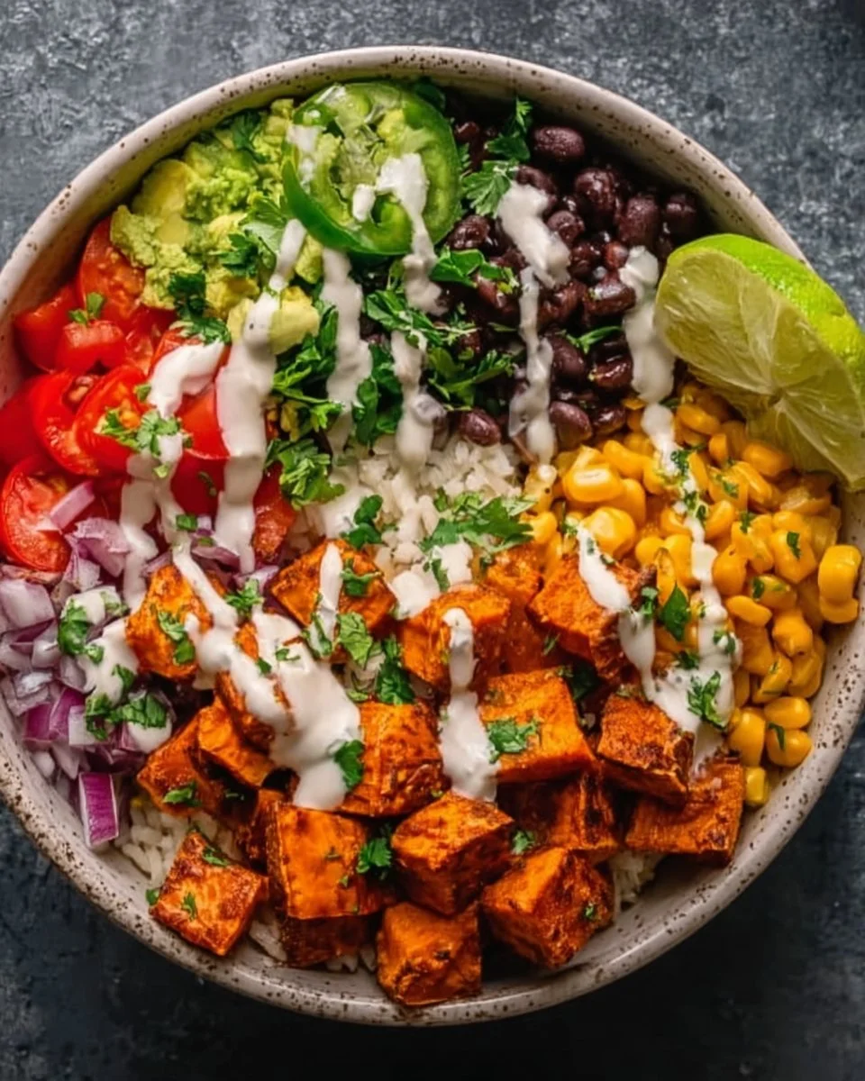 Vegan sweet potato burrito bowl with fresh vegetables and toppings