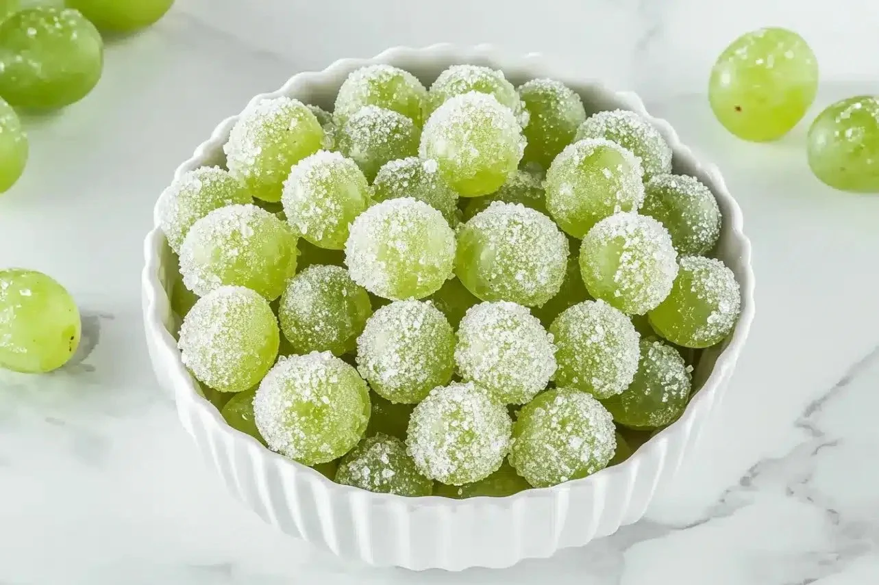 Bowl of 3-ingredient sour candied frozen grapes resembling Sour Patch Kids