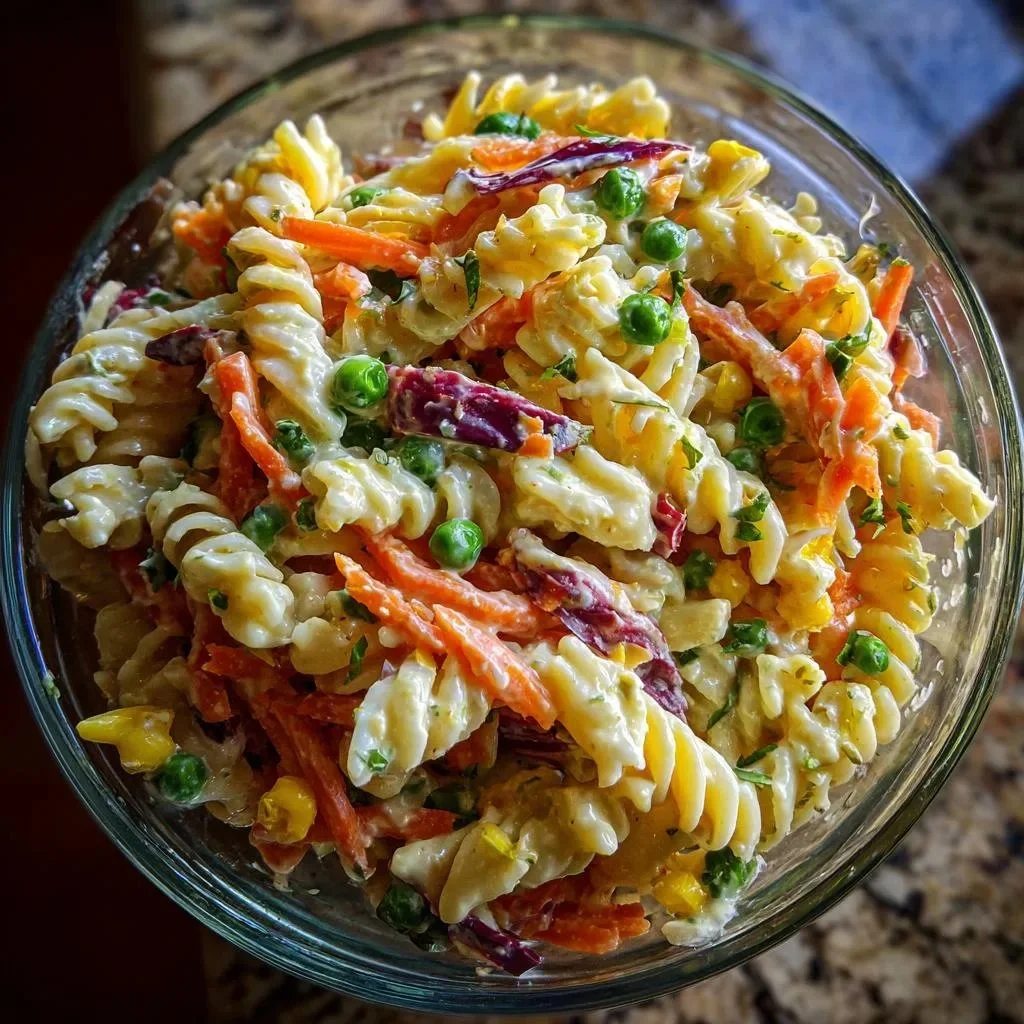 Delicious Crack Pasta Salad served in a bowl, garnished with fresh herbs.