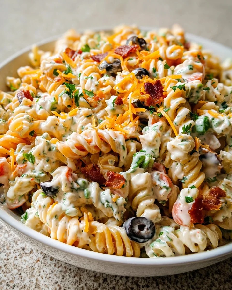 Delicious Bacon Ranch Pasta Salad with crispy bacon and fresh vegetables