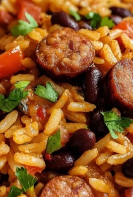 Delicious black beans and rice with sausage served in a bowl.