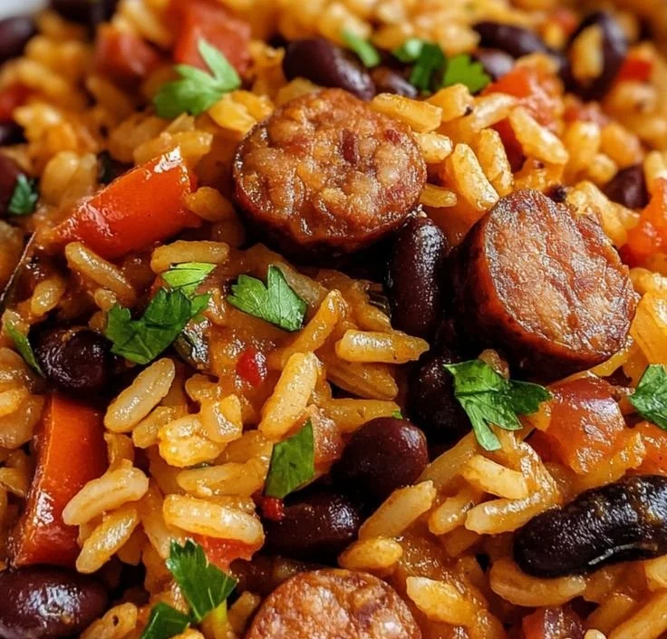 Delicious black beans and rice with sausage served in a bowl.