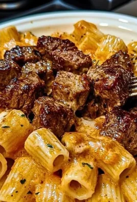 Cajun Steak Tips served with Cheesy Rigatoni on a plate.