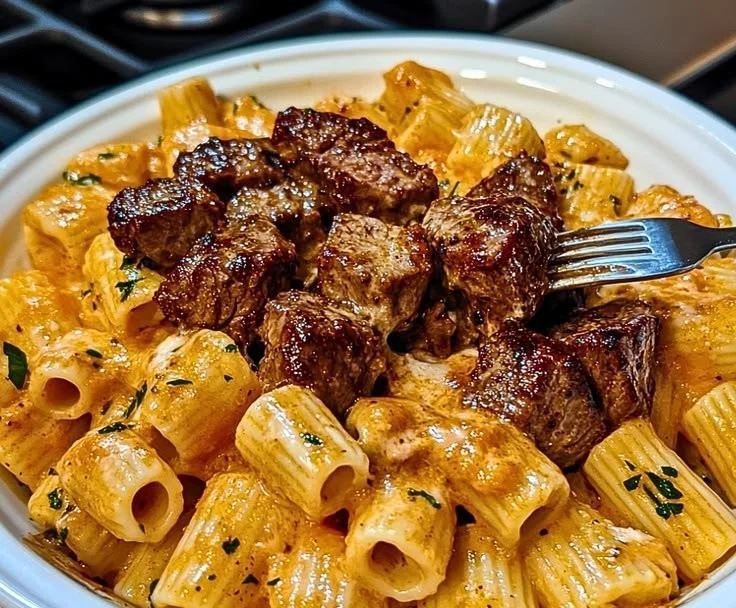 Cajun Steak Tips served with Cheesy Rigatoni on a plate.