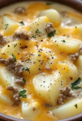 Bowl of cheesy hamburger potato soup garnished with herbs