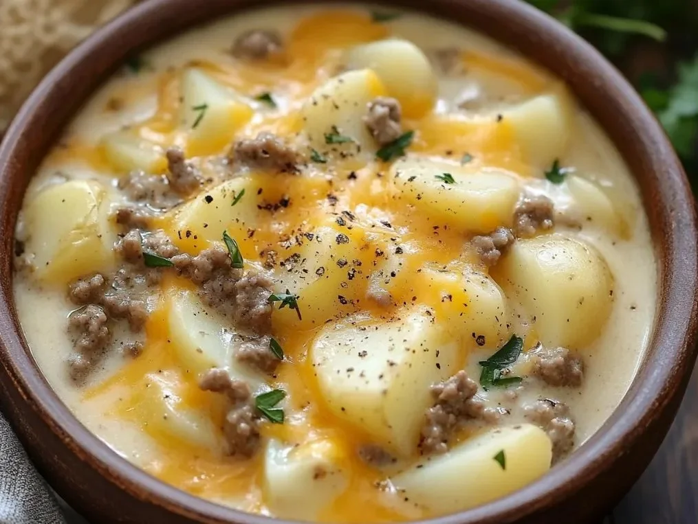 Bowl of cheesy hamburger potato soup garnished with herbs