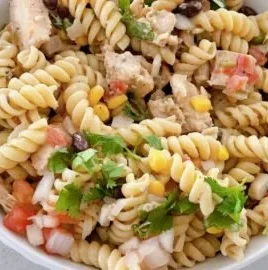 High protein Chicken Taco Pasta Salad with colorful vegetables and taco seasoning