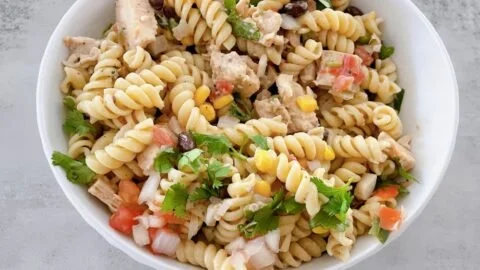 High protein Chicken Taco Pasta Salad with colorful vegetables and taco seasoning