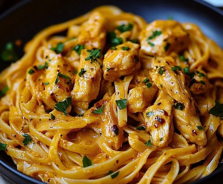 Delicious Cowboy Butter Chicken Linguine served with fresh herbs and spices.