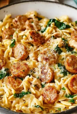 Creamy chicken sausage orzo dish in a pan, garnished and ready to serve.