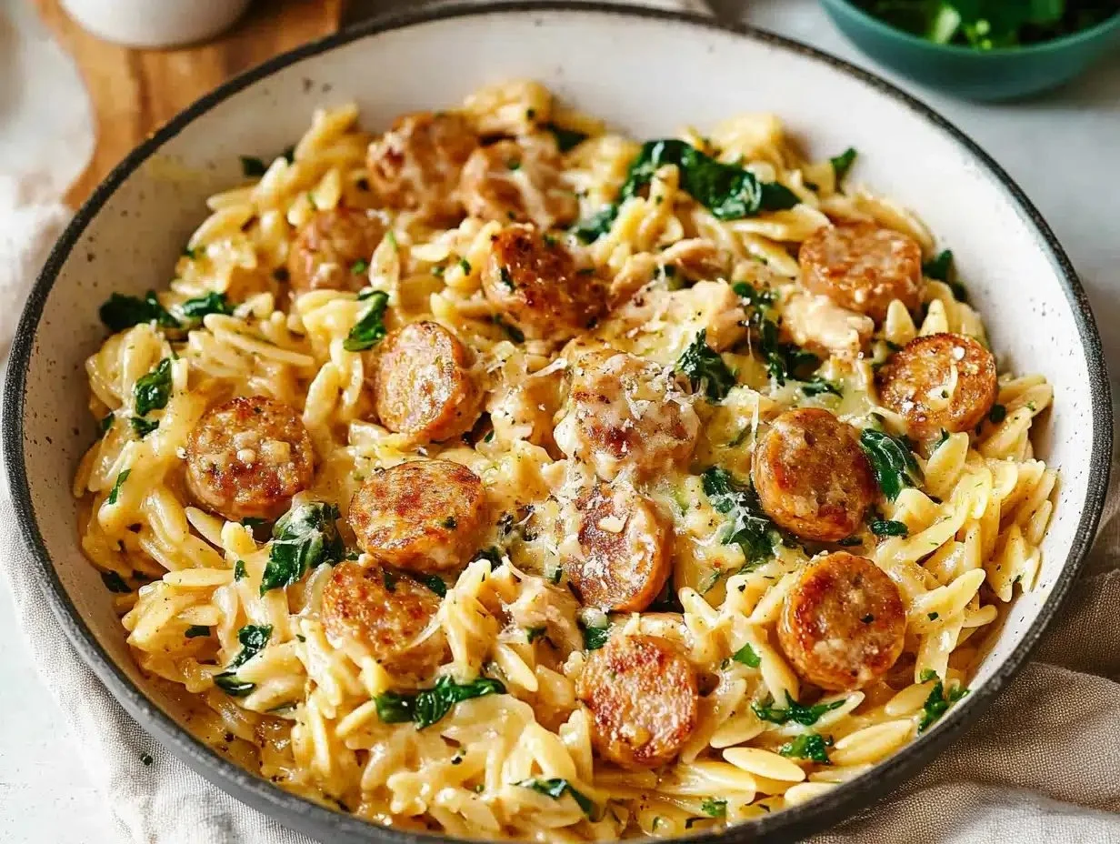 Creamy chicken sausage orzo dish in a pan, garnished and ready to serve.