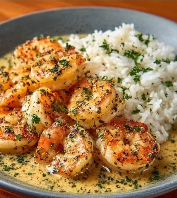 Creamy garlic butter shrimp dish with rice on a plate