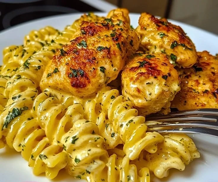 Creamy Garlic Parmesan Chicken Pasta served in a bowl with parsley garnish