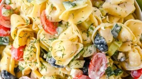 Creamy Greek Tortellini Pasta Salad with olives, feta cheese, and fresh vegetables